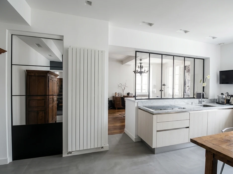 Cuisine ouverte sur salon, style contemporain épuré