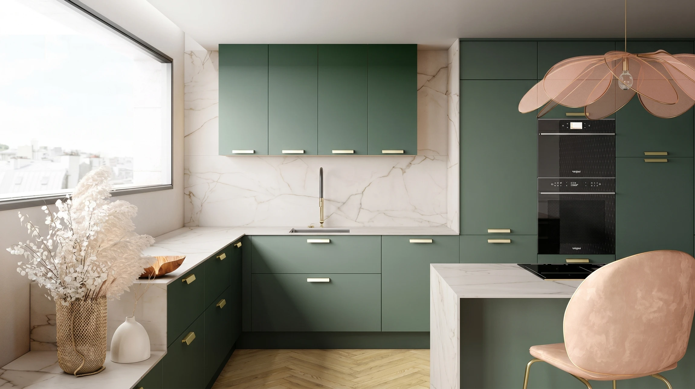Cuisine moderne avec îlot central équipé d'une plaque à induction intégrée au plan de travail gris