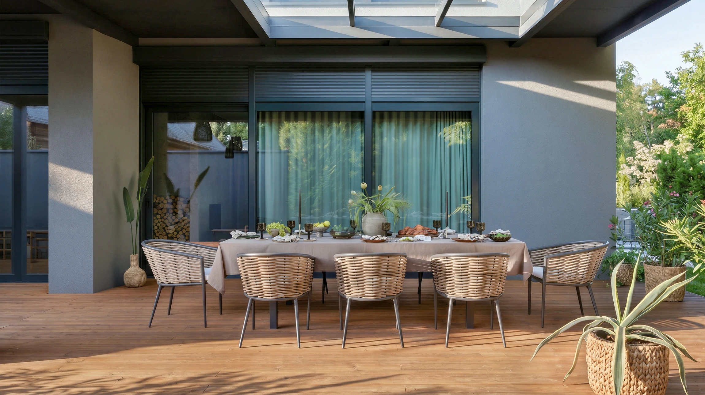 Terrasse extérieure moderne avec deck en lames composites rainurées grises, garde-corps horizontal en aluminium ou acier peint gris