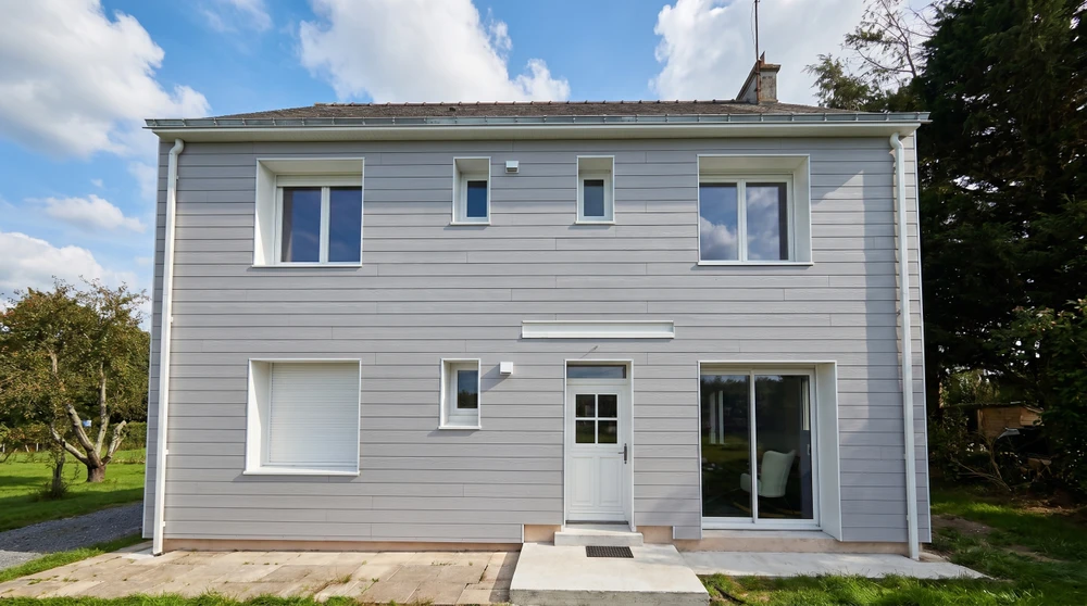 Maison bretonne individuelle, façade enduite blanche avec encadrements en granite rose, toiture en ardoise à deux pans avec lucarne