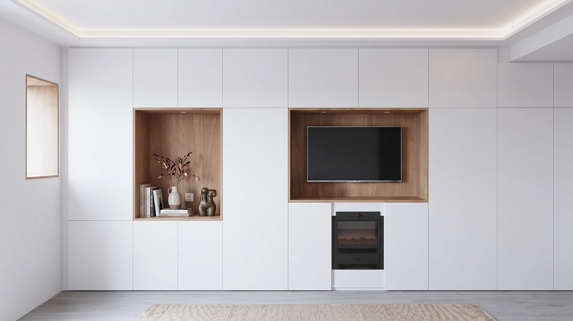 Intérieur résidentiel blanc, ouvrier en combinaison bleue et orange avec casquette noire utilise une perceuse électrique portative pour fixer un élément au mur